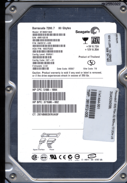 SEAGATE 80GB ST380013AS 9W2812-630 SN 4MR 100328438 DONOR DRIVE