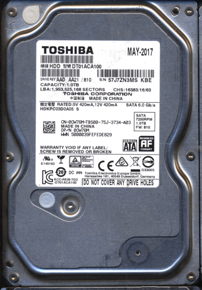 TOSHIBA 1TB DT01ACA100 HDKPC03D0A05 810 2200A9037701 DONOR DRIVE