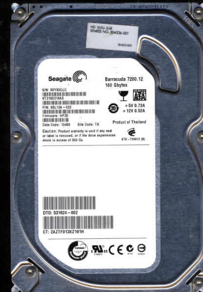 SEAGATE 160GB ST3160318AS 9SL13A-022 SN 9VY FW HP35 100535704 DONOR DRIVE