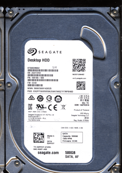 SEAGATE 500GB ST500DM002 1SB10A-500 SN ZA4 FW CC43 100774000 DONOR DRIVE