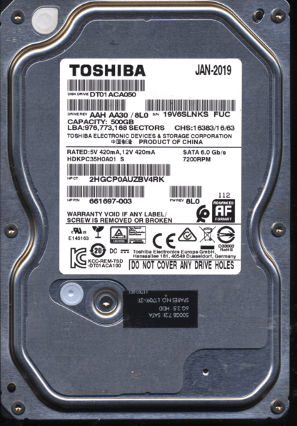 TOSHIBA 500GB DT01ACA050 HDKPC35H0A01 8L0 2200A9037701 DONOR DRIVE