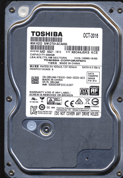 TOSHIBA 500GB HDD DT01ACA050 HDKPC01D0A05 810 220 0A90377 01 Donor Drive