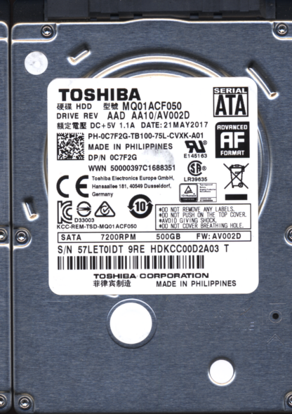 TOSHIBA 500GB MQ01ACF050 HDKCC00D2A03 FW: AV002D G003235C DONOR DRIVE