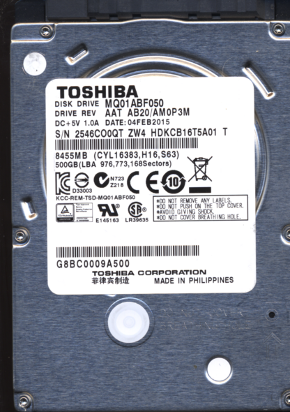 TOSHIBA 500GB MQ01ABF050 HDKCB16T5A01 AB20/AM0P3M G003235C DONOR DRIVE