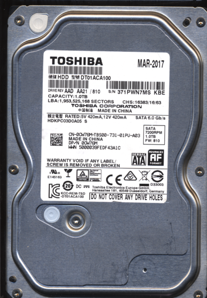 TOSHIBA 1TB DT01ACA100 HDKPC03D0A05 800 220 0A90377 01 Donor Drive