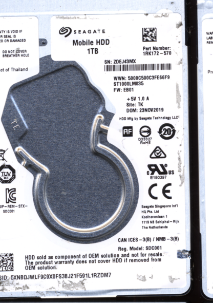 Seagate 1TB ST1000LM036 1RK172-570 SN ZDE 1008359623 Donor Drive - Image 2