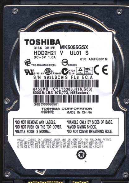 TOSHIBA 500GB MK5055GSX HDD2H21 A0/FG001 G002439 Donor Drive