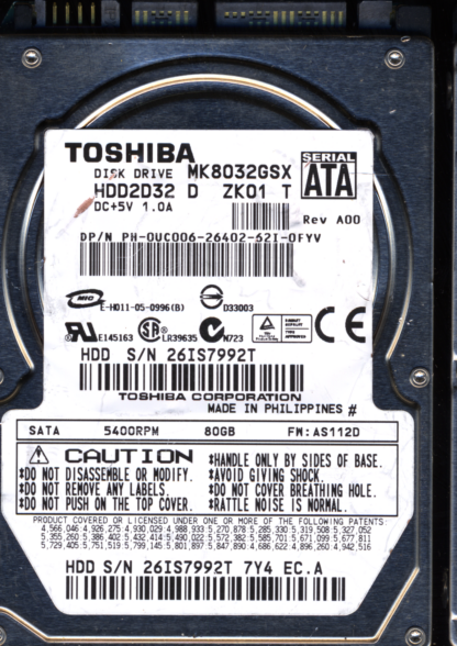 TOSHIBA MK8032GSX HDD2D32 AS112D G5B00135 Donor Drive - Image 2