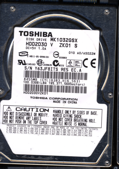 TOSHIBA MK1032GSX HDD2D30 A0 / AS022M G5B000135 Donor Drive - Image 2