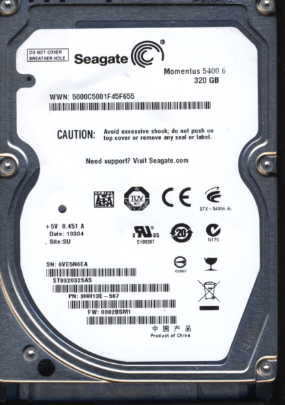 Seagate 320GB ST9320325AS 9HH13E-567 SN 6VE 100536284 Donor Drive