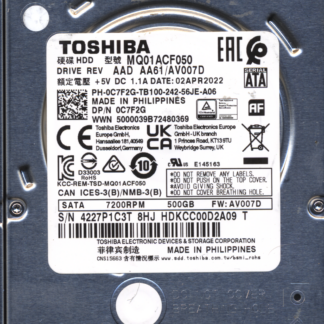 TOSHIBA 500GB MQ01ACF050 HDKCC00D2A09 FW: AV007D G003235C DONOR DRIVE