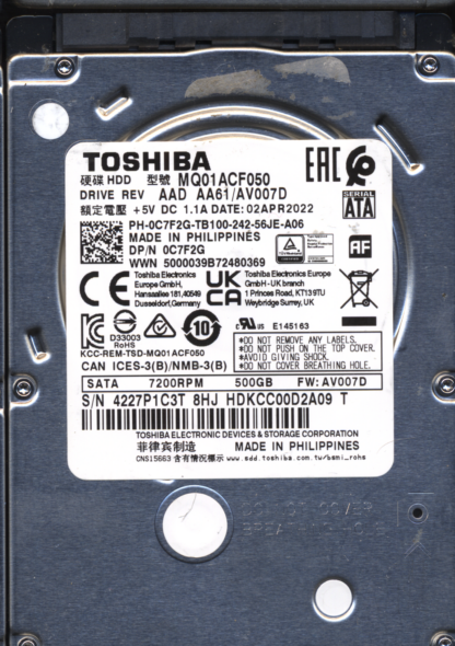 TOSHIBA 500GB MQ01ACF050 HDKCC00D2A09 FW: AV007D G003235C DONOR DRIVE