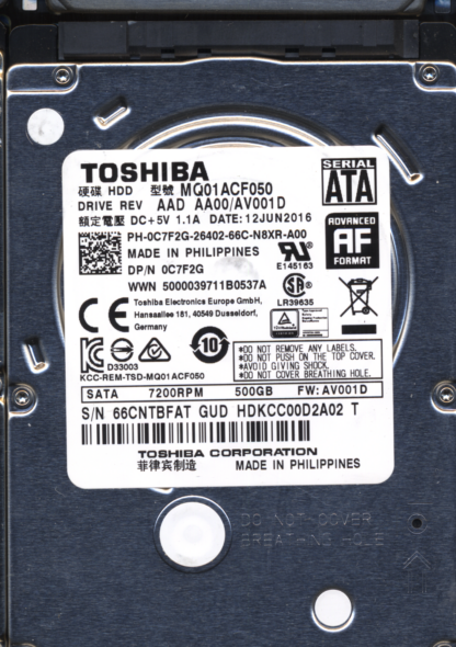 TOSHIBA 500GB MQ01ACF050 HDKCC00D2A02 FW: AV001D G003235C DONOR DRIVE