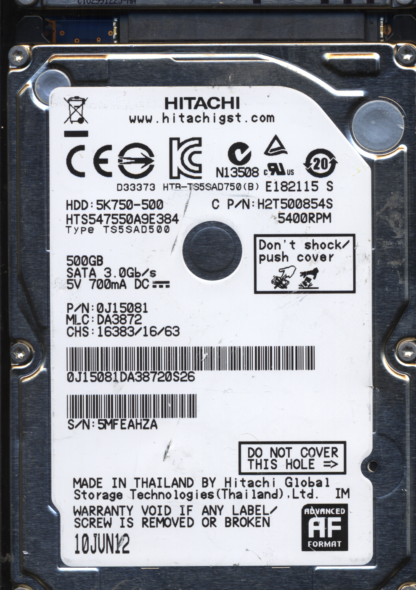 Hitachi 500GB HTS547550A9E384 0J15081 MLC DA3872 2200A9026901 Donor Drive