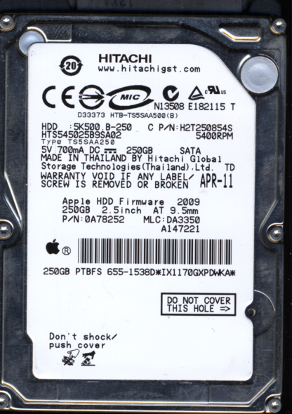 Hitachi 250GB HTS545025B9SA02 0A78252 MLC DA3350 220 0A90161 01 Donor Drive - Image 2