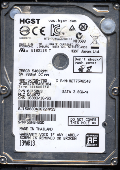 Hitachi 750GB HTS547575A9E384 H2T750854S MLC DA3872 220 0A90269 01 Donor Drive - Image 2