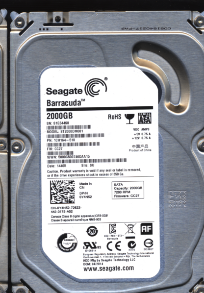 Seagate 2TB ST2000DM001 1CH164-510 SN S1E FW CC27 100717520 Donor Drive