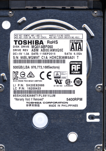 TOSHIBA 500GB MQ01ABF050 HDKCB36M5A01 T AB00/AM0Q5 G003235C DONOR DRIVE - Image 2