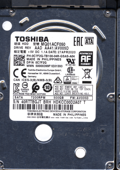 TOSHIBA MQ01ACF050 HDKCC00D2A07 AA41/AV005D G003235C Donor Drive - Image 2