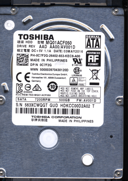 TOSHIBA 500GB MQ01ACF050 HDKCC00D2A02 T AA00/AV001D G003235C DONOR DRIVE - Image 2
