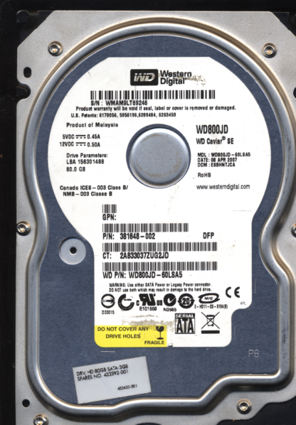 WD 80GB WD800JD-60LSA5 DCM ESBHNTJCA TJ 2060-701335-005 Donor Drive