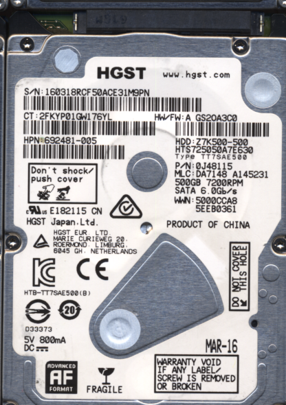 Hitachi 500GB HTS725050A7E630 0J48115 MLC DA7148 2200A9042701 Donor Drive