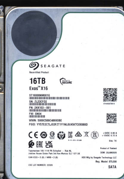 Seagate 16TB ST16000NM001G-2KK103 2KK103-881 SN ZL2 100833707 Donor Drive