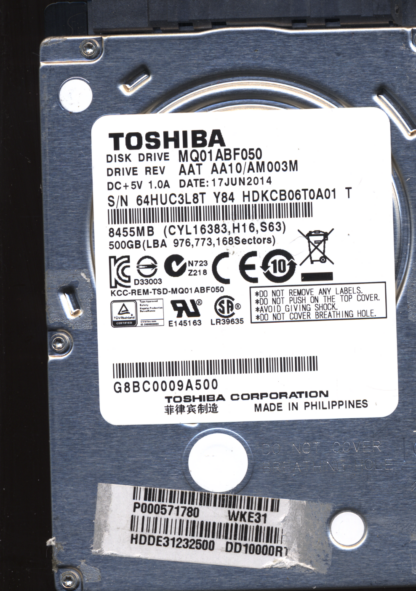 TOSHIBA 500GB MQ01ABF050 HDKCB06T0A01 AA10/AM003M G003235C Donor Drive