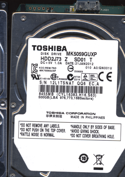 TOSHIBA 500GB MK5059GUXP HDD2J73 A0/GN001U G003054 Donor Drive