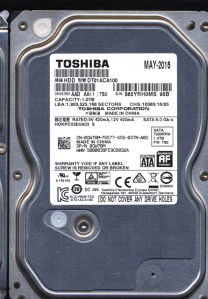 TOSHIBA 1TB HDD DT01ACA100 HDKPC03D0A03 S AA11/7SO 220 0A90377 01 Donor Drive