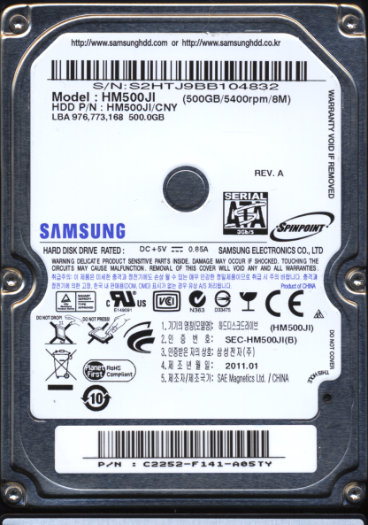 Samsung 500GB HM500JI FW 2AC101C4 M7S2_S1PME Donor Drive
