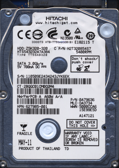 Hitachi HTS543232A7A384 0A79636 MLC DA3734 2200A9026901 Donor Drive