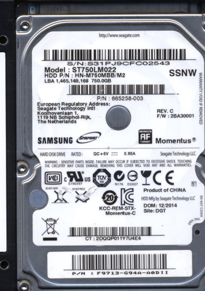 SAMSUNG 750GB ST750LM022 665258-003 M8_REV. DONOR DRIVE