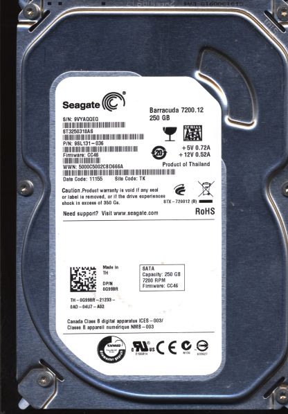 SEAGATE 250GB ST3250318AS 9SL131-036 SN 9VY FW CC46 100535704 DONOR DRIVE