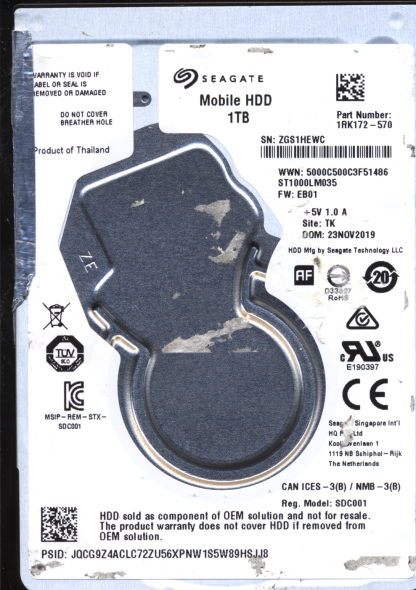SEAGATE 1TB ST1000LM035 1RK172-570 SN ZGS 100835923 DONOR DRIVE