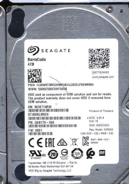SEAGATE 4TB ST4000LM024 21N17V-566 SN WCK 100794976 DONOR DRIVE