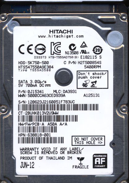 Hitachi 500GB HTS547550A9E384 0J15341 MLC DA3931 2200A9026901 Donor Drive