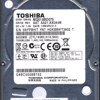 TOSHIBA 750GB MQ01ABD075 HDKBB97T3A02 AA21/AX0A4M G003138A Donor Drive