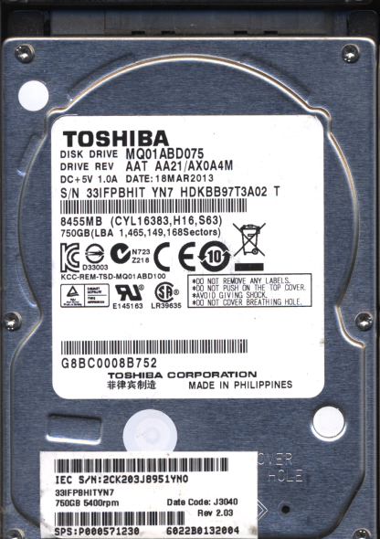 TOSHIBA 750GB MQ01ABD075 HDKBB97T3A02 AA21/AX0A4M G003138A Donor Drive