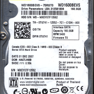 WD 160GB WD1600BEVS-75RST0 DCM HACTJHBB TJ 2060-701450-011 DONOR DRIVE
