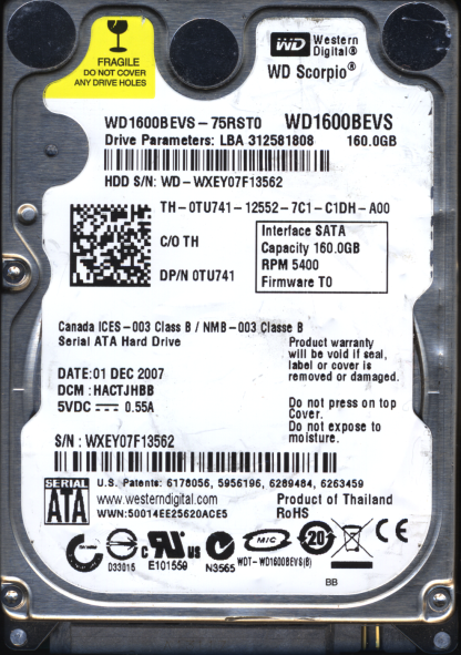 WD 160GB WD1600BEVS-75RST0 DCM HACTJHBB TJ 2060-701450-011 DONOR DRIVE
