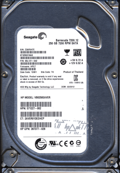 SEAGATE 250GB VB0250EAVER 9SL131-842 SN Z2A FW HPG7 100535704 DONOR DRIVE
