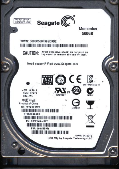 Seagate 500GB ST9500424AS 9RW143-567 SN W2V 100675229 Donor Drive