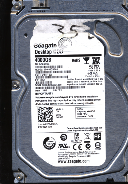 SEAGATE 4TB ST4000DM000 1F2168-500 SN W30 FW CC52 100710248 DONOR DRIVE
