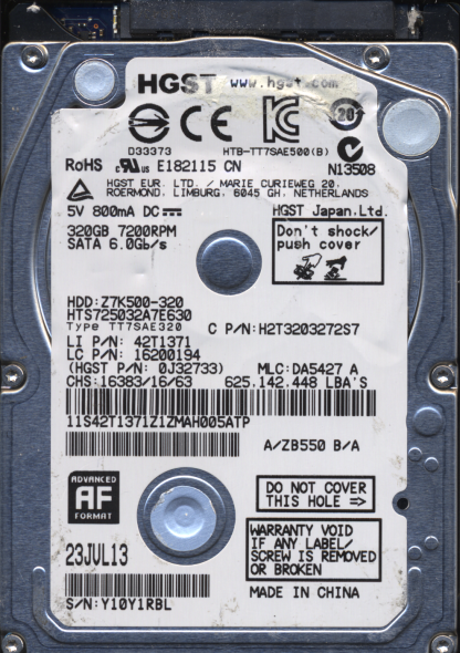 Hitachi 320GB HTS725032A7E630 0J32733 MLC DA5427 220 0A90351 01 Donor Drive