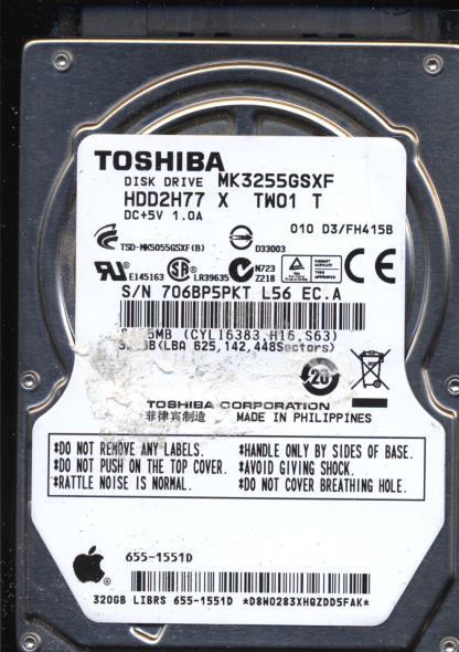 TOSHIBA 320GB MK3255GSXF HDD2H77 010 D3/FH415B G002439 DONOR DRIVE