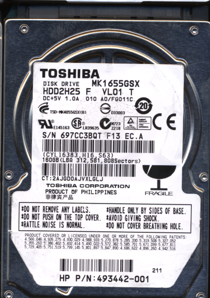 TOSHIBA 160GB MK1655GSX HDD2H25 A0/FG011C G002439 DONOR DRIVE