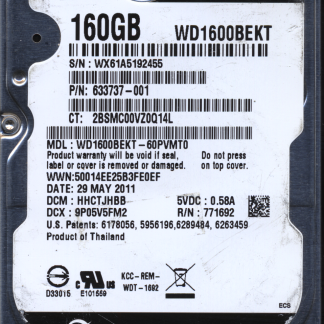 WD 160GB WD1600BEKT-60PVMT0 DCM HHCTJHBB TJ 2060-771692-005 DONOR DRIVE