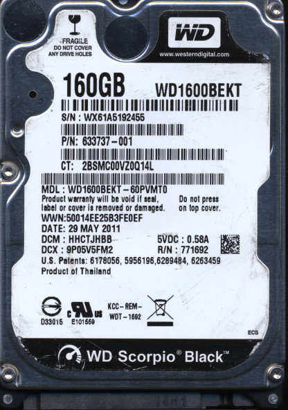 WD 160GB WD1600BEKT-60PVMT0 DCM HHCTJHBB TJ 2060-771692-005 DONOR DRIVE