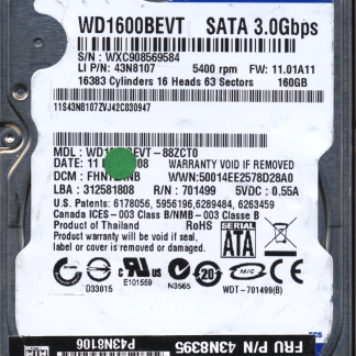 WD 160GB WD1600BEVT-88ZCT0 DCM FHN 2060-701499-000 DONOR DRIVE